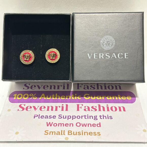 NIB Versace Icon Medusa Greca Stud Earrings Gold Tone Red Engraved Unisex $475 - Picture 4 of 9